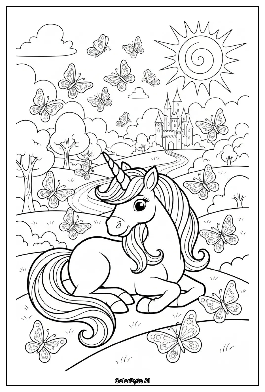Unicorn lying on grass butterflies castle sun clouds trees
