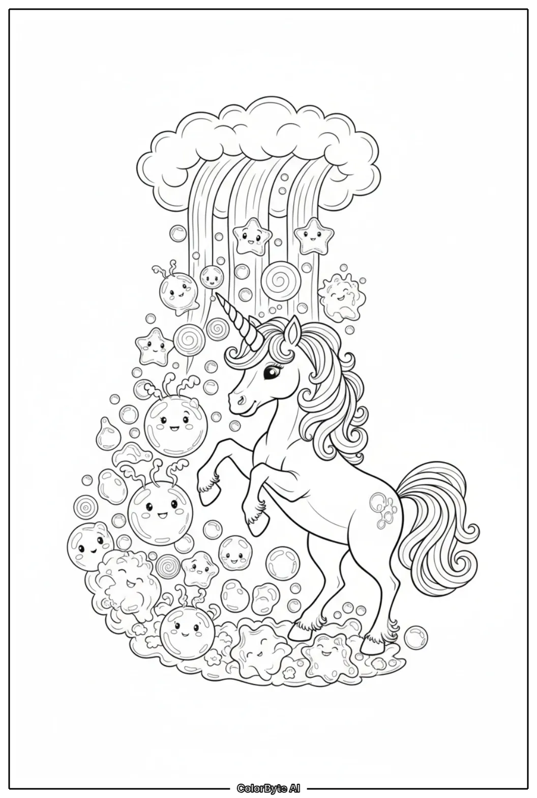 Unicorn playing with bubble creatures beside cloud waterfall
