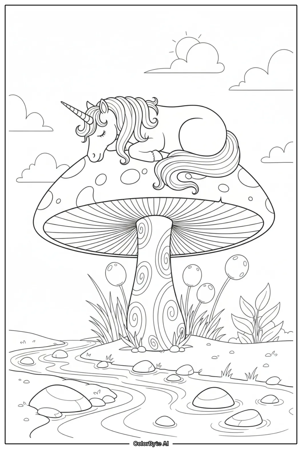 Unicorn resting atop giant mushroom near clear brook