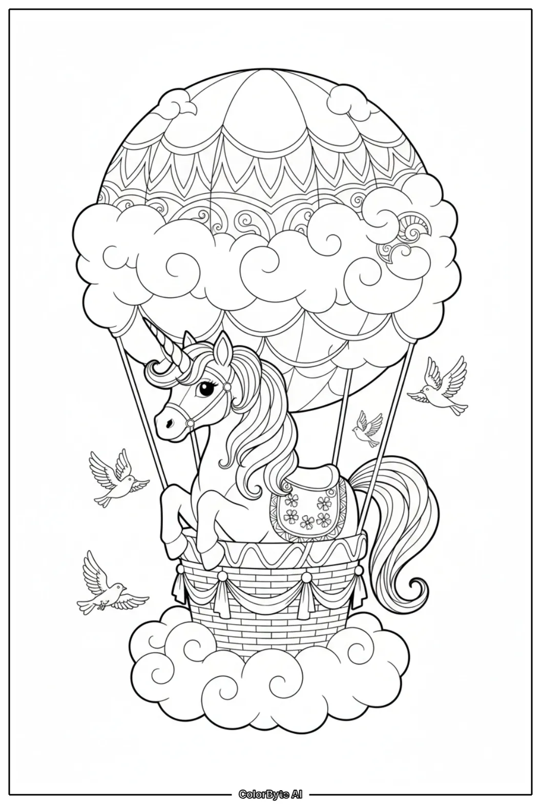 Unicorn riding floating giant hot air balloon among soft clouds
