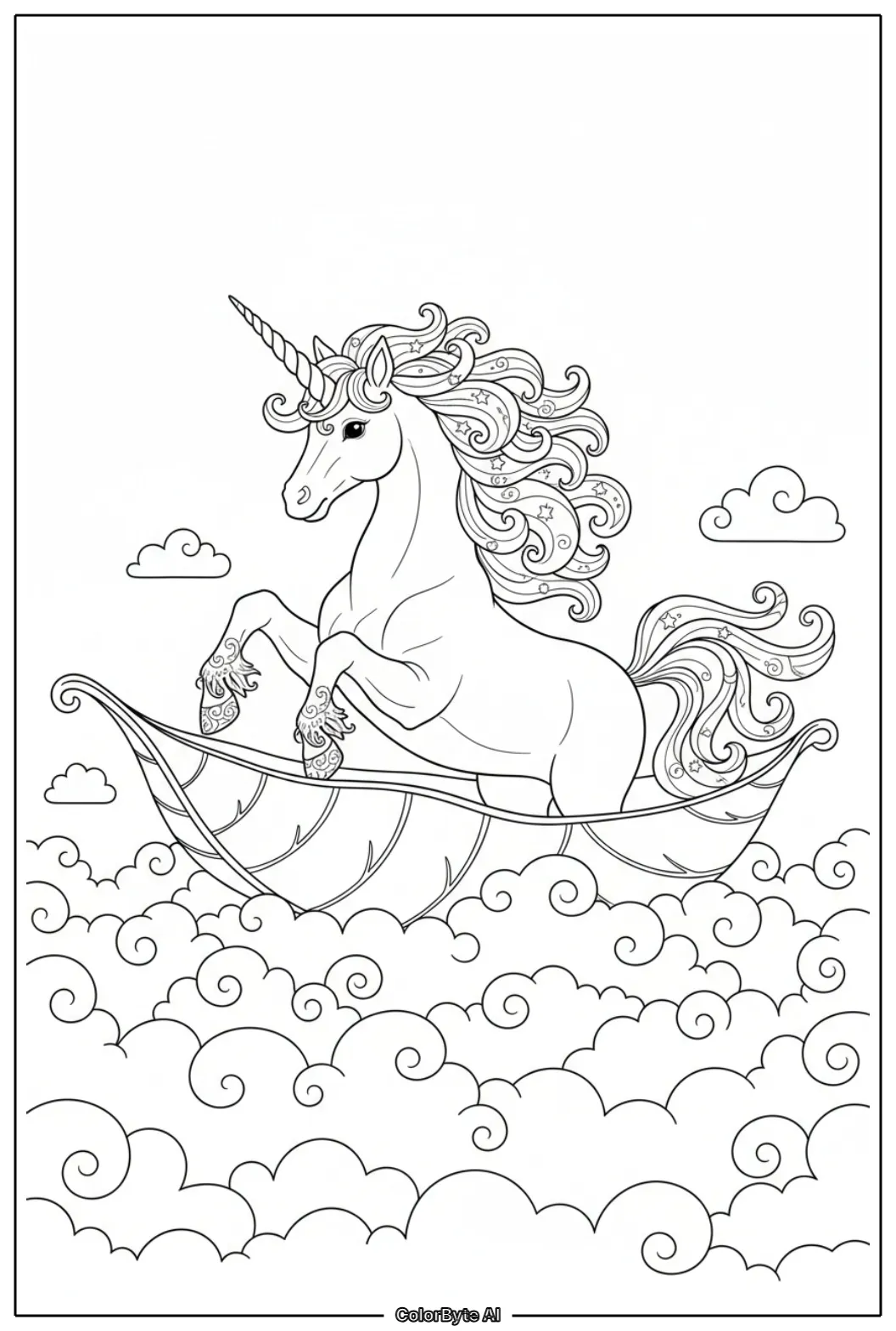 Unicorn sailing in tiny leaf boat drifting across fluffy cloud sea