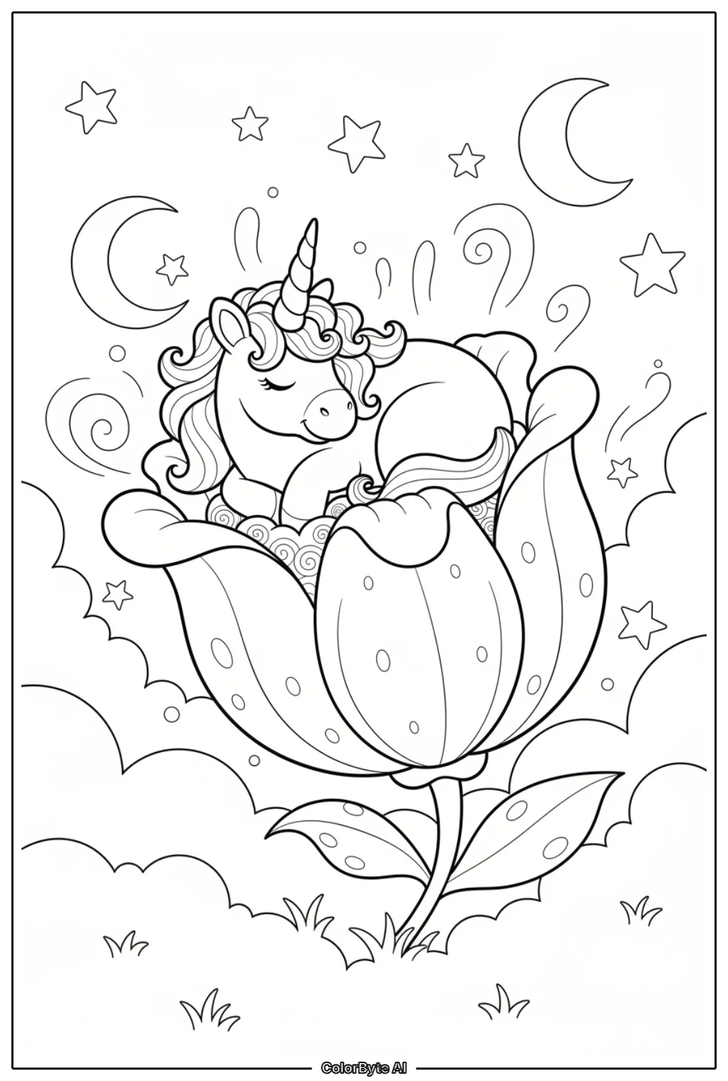 Unicorn sleeping inside oversized glowing flower bud in sky meadow