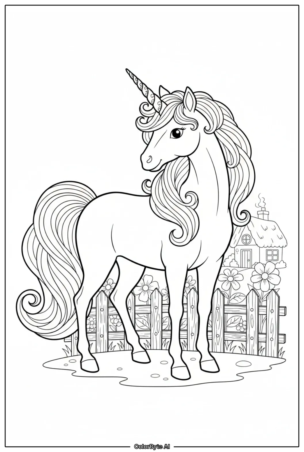 Unicorn standing by tiny wooden cottage garden fence