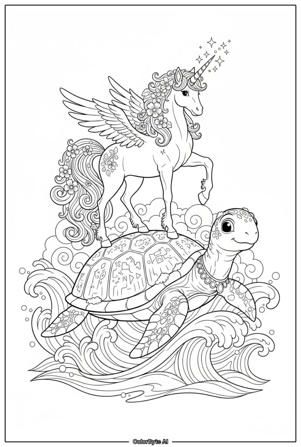 Unicorn standing on back of large friendly turtle above ocean waves