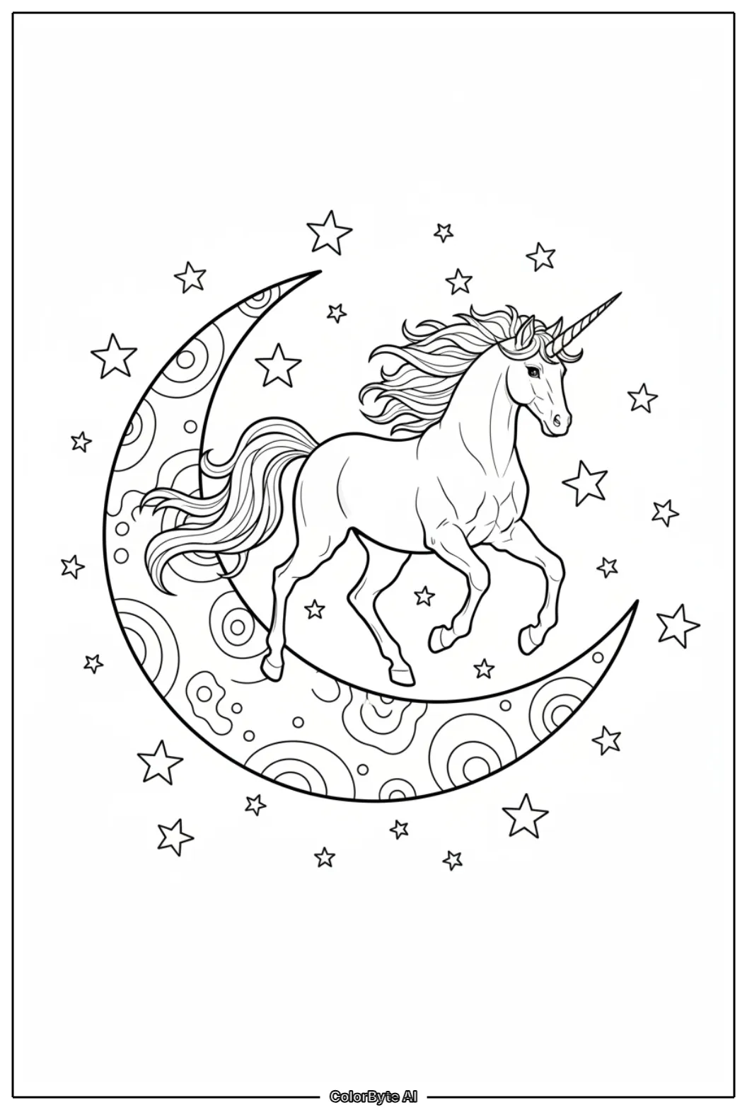 Unicorn trotting on crescent moon surrounded by tiny twinkling stars