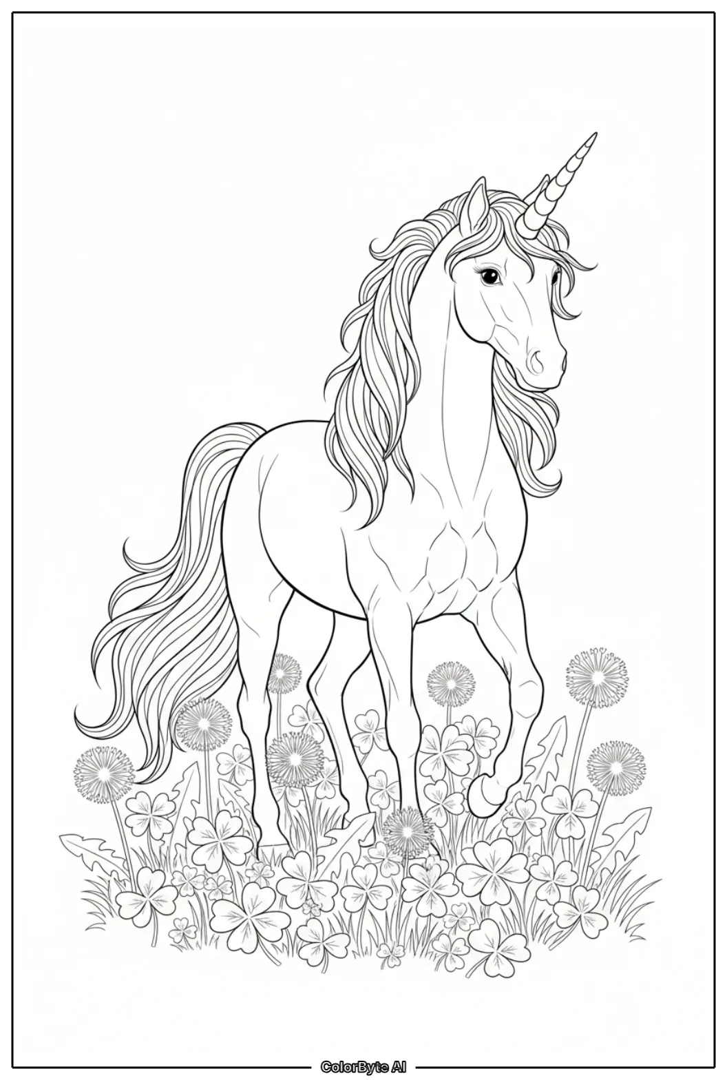 Unicorn wandering across clover field with dandelions