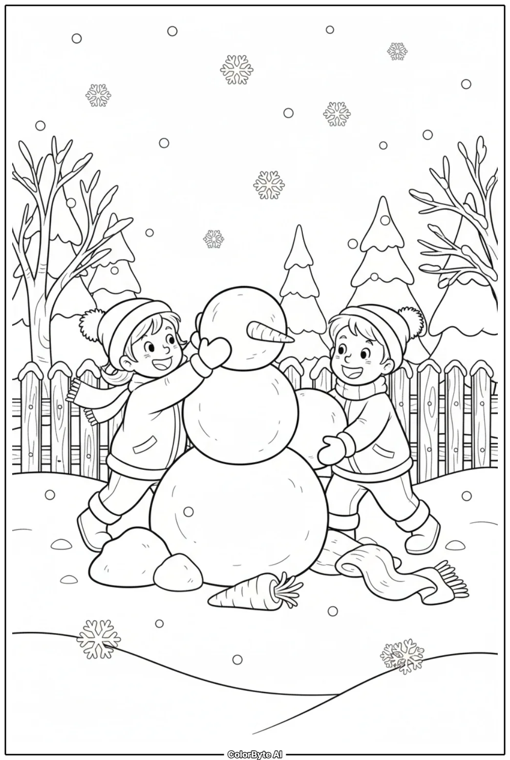 Boy and Girl Building a Snowman in Front Yard