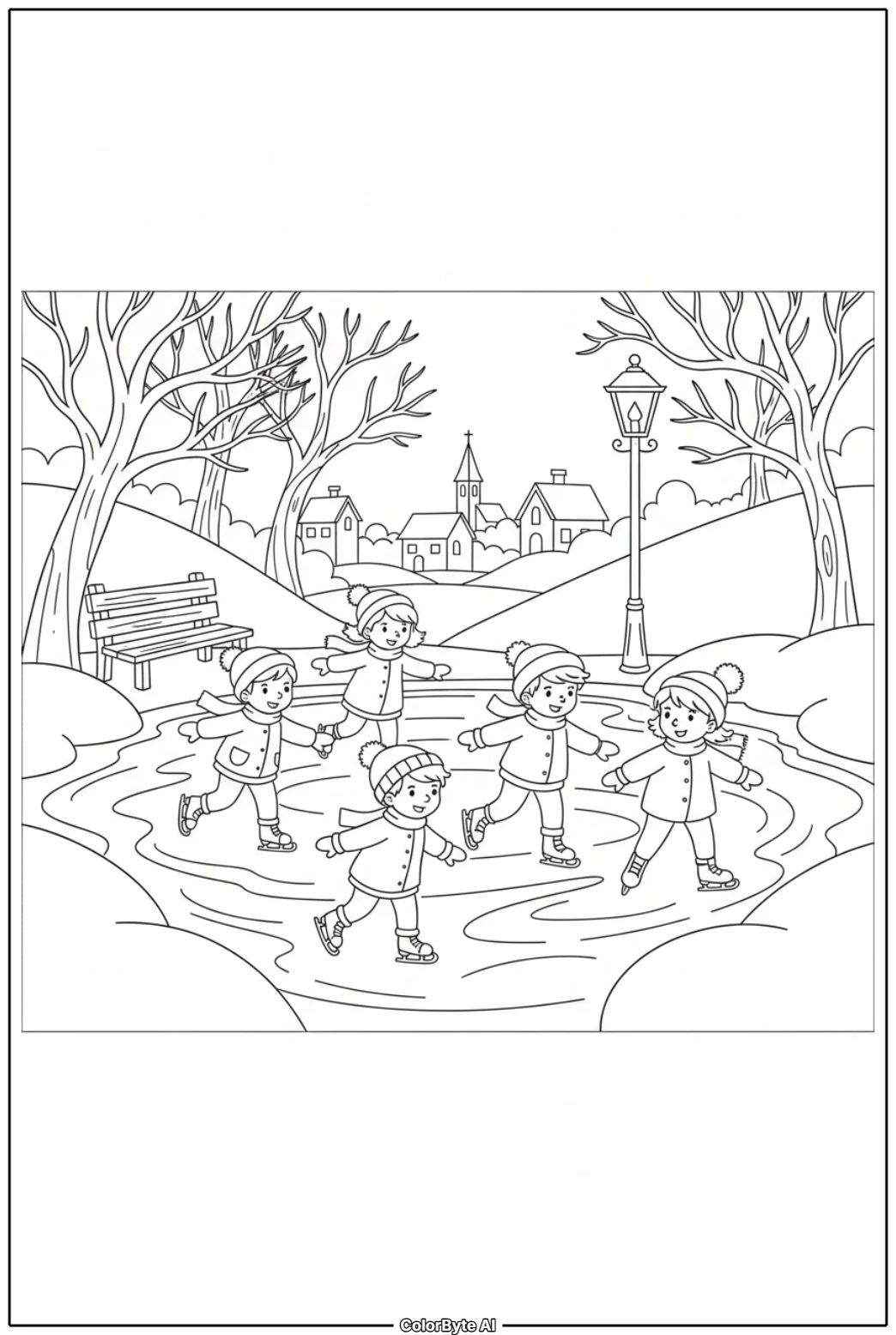 Children Ice Skating on Frozen Village Pond