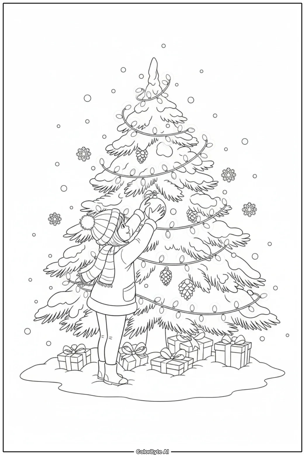 Girl Decorating Outdoor Evergreen Christmas Tree