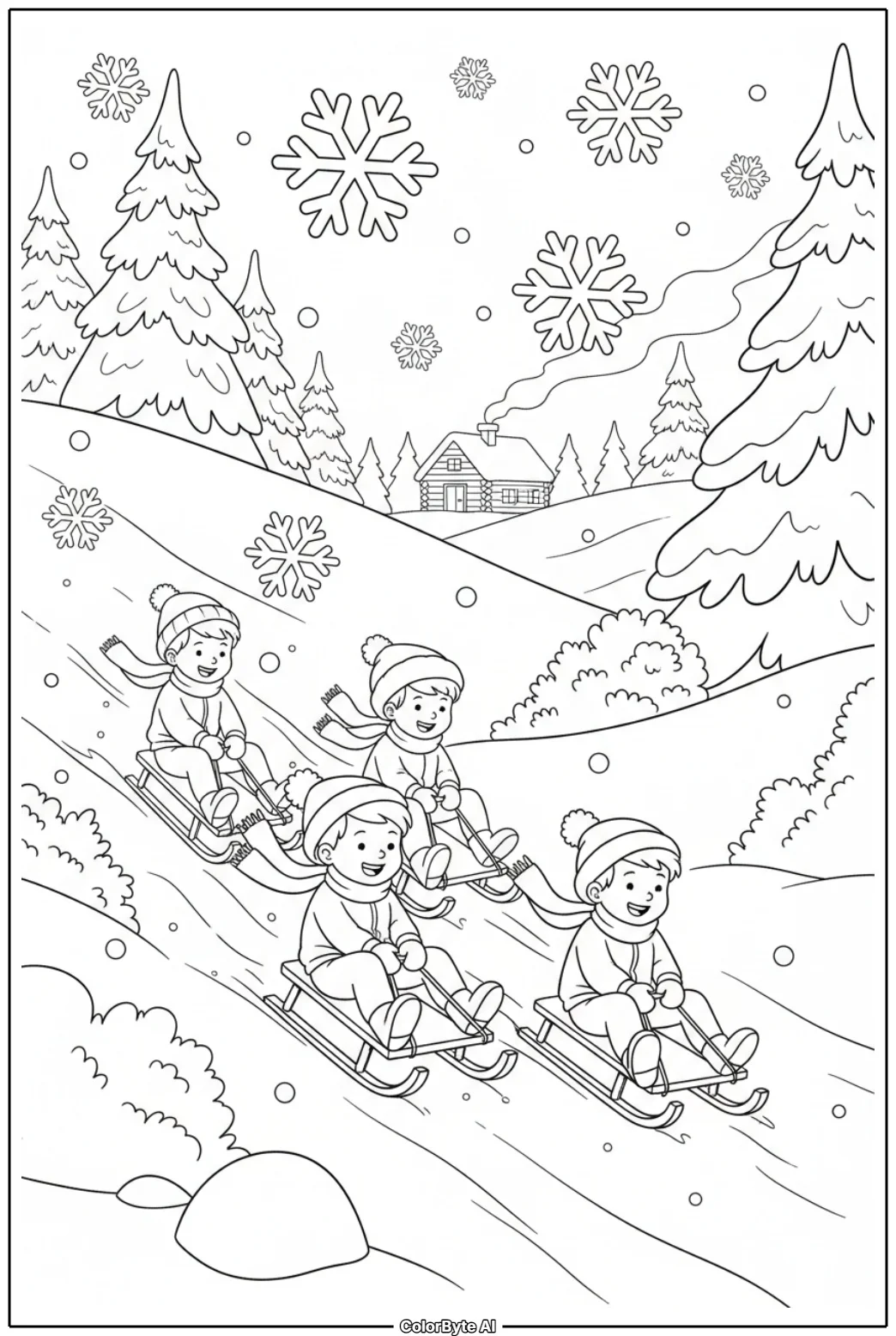 Kids Sledding Down Snowy Hillside