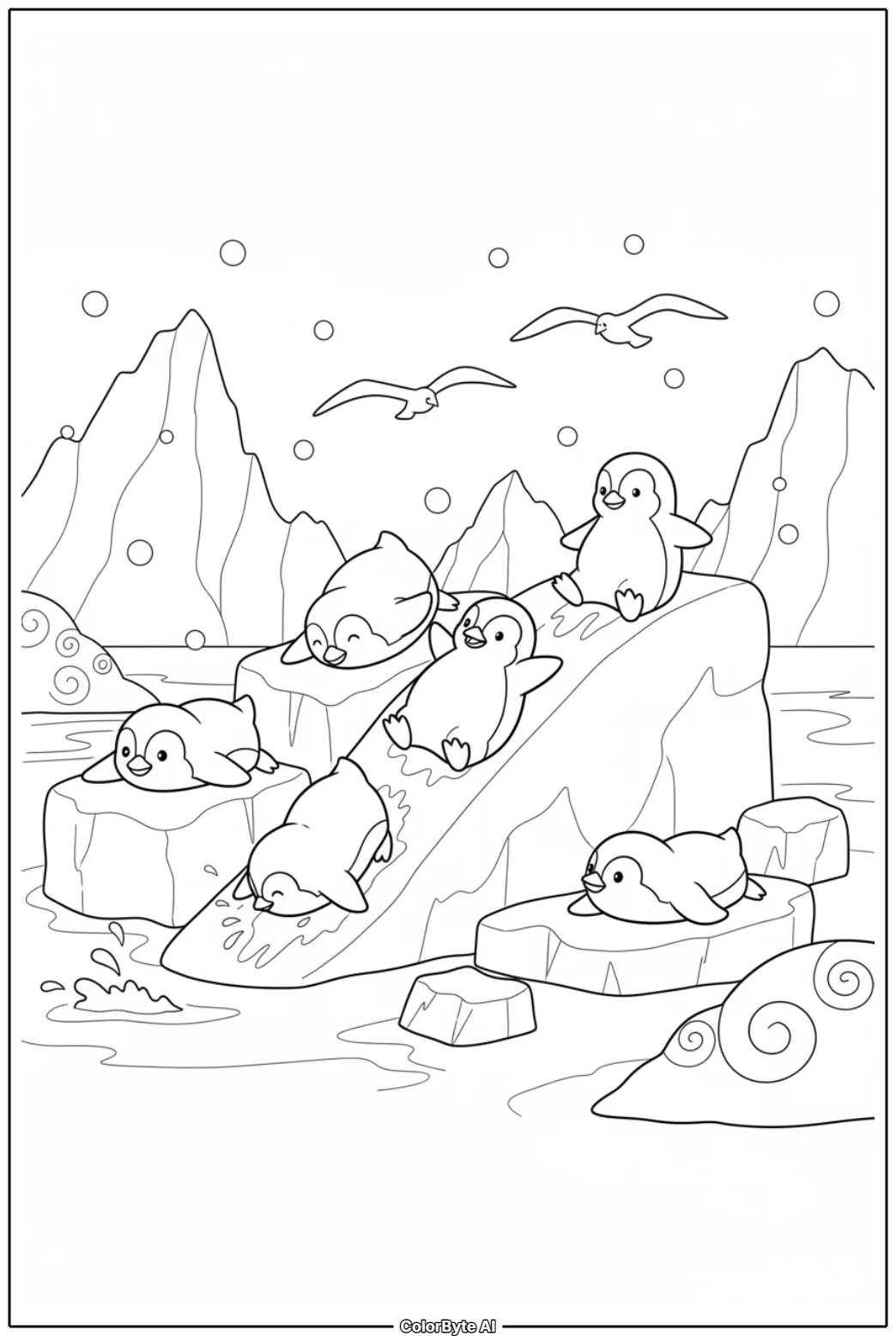 Penguin Family Sliding On Ice Glacier