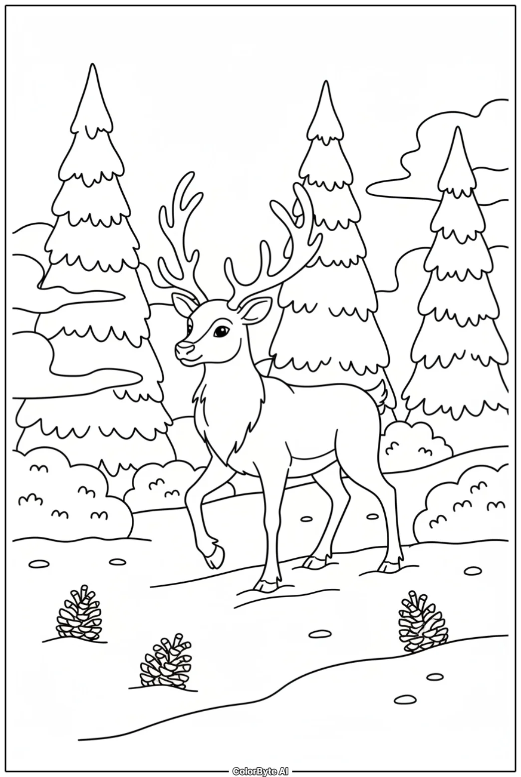 Reindeer Walking Through Snowy Pine Woods