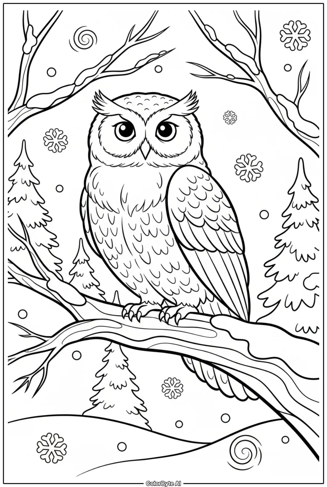 Snow Owl Perching On Snowy Tree Branch